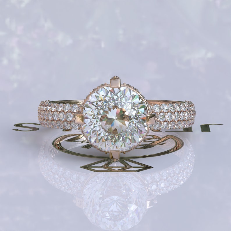 Portuguese Cut Hidden Halo Moissanite Engagement Ring  customdiamjewel 10KT Rose Gold VVS-EF