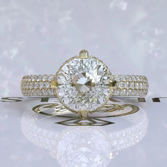 Portuguese Cut Hidden Halo Moissanite Engagement Ring  customdiamjewel 10KT Yellow Gold VVS-EF