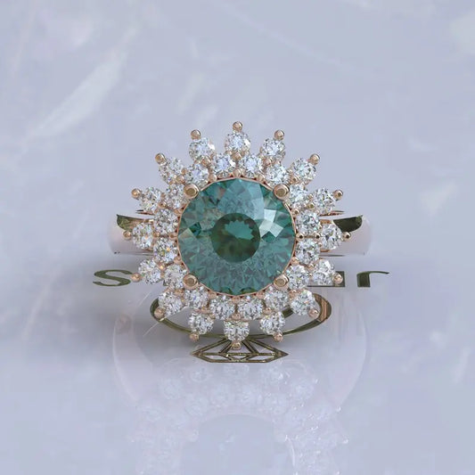 Double Halo Portuguese Cut Cyan Blue Moissanite Ring  customdiamjewel 10KT Rose Gold VVS-EF