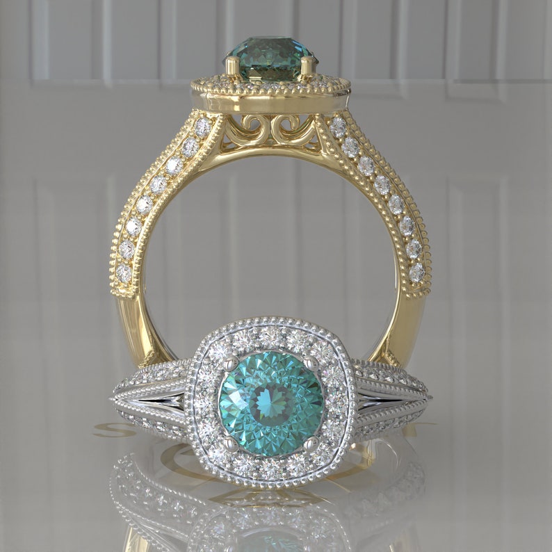Cyan Blue Portuguese Cut Moissanite Engagement Ring  customdiamjewel   