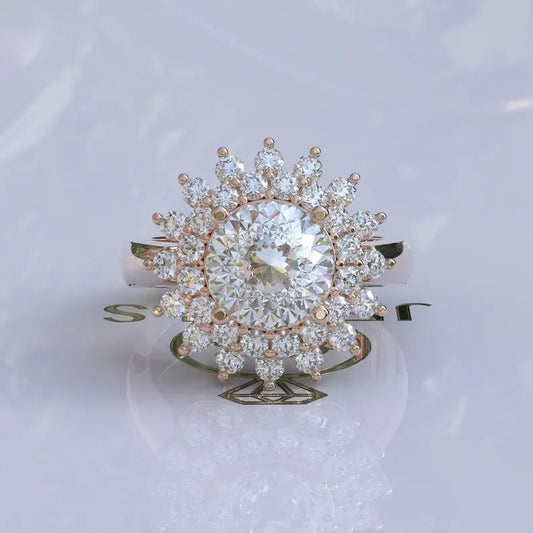 Double Halo Portuguese Cut Colorless Moissanite Ring  customdiamjewel 10KT Rose Gold VVS-EF