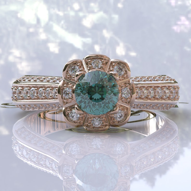 Portuguese Cut Cyan Blue Halo Moissanite Ring  customdiamjewel 10KT Rose Gold VVS-EF