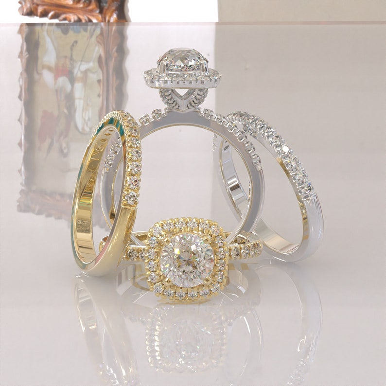 Portuguese Cut Halo Moissanite Bridal Ring Set