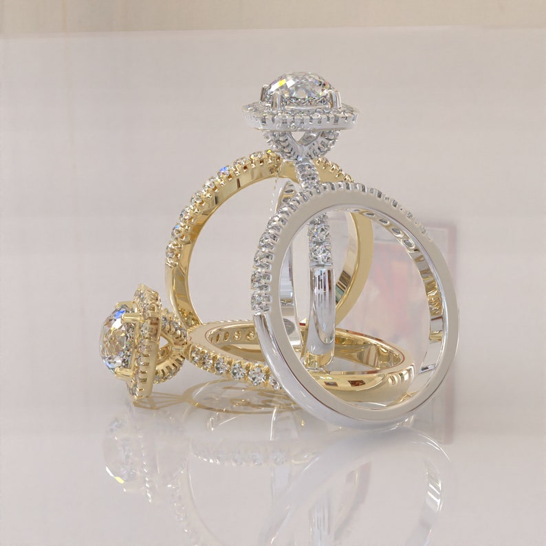 Portuguese Cut Halo Moissanite Bridal Ring Set