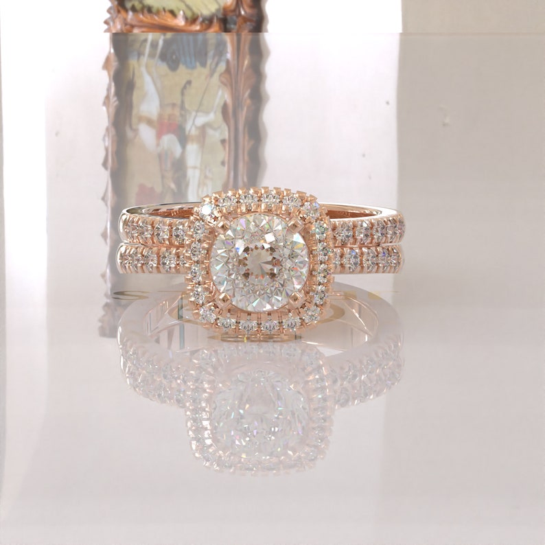 Portuguese Cut Halo Moissanite Bridal Ring Set  customdiamjewel   