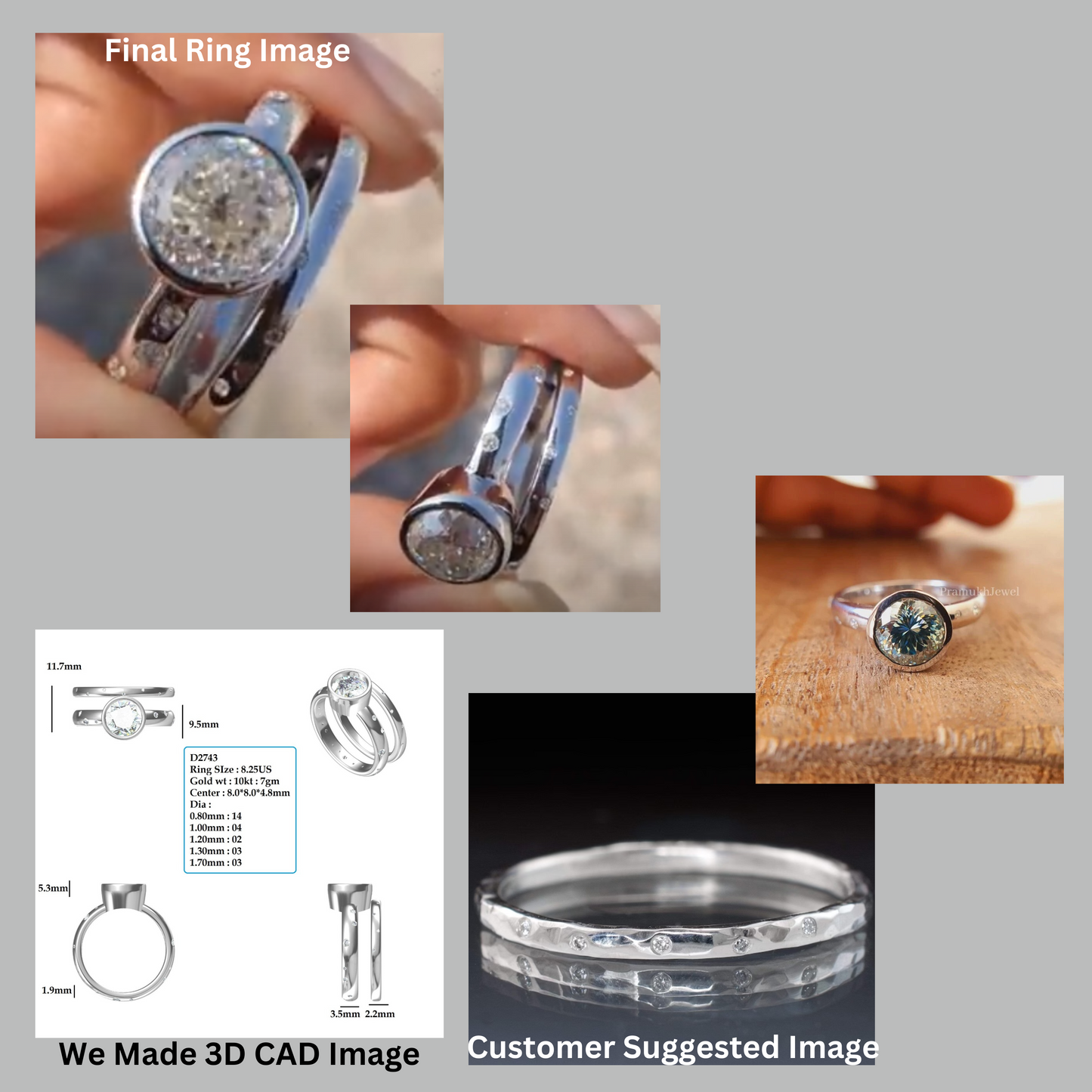 Portuguese Cut white Moissanite Engagement Ring and Antique Flush Setting Wedding Band, Bridal Ring Set  customdiamjewel   