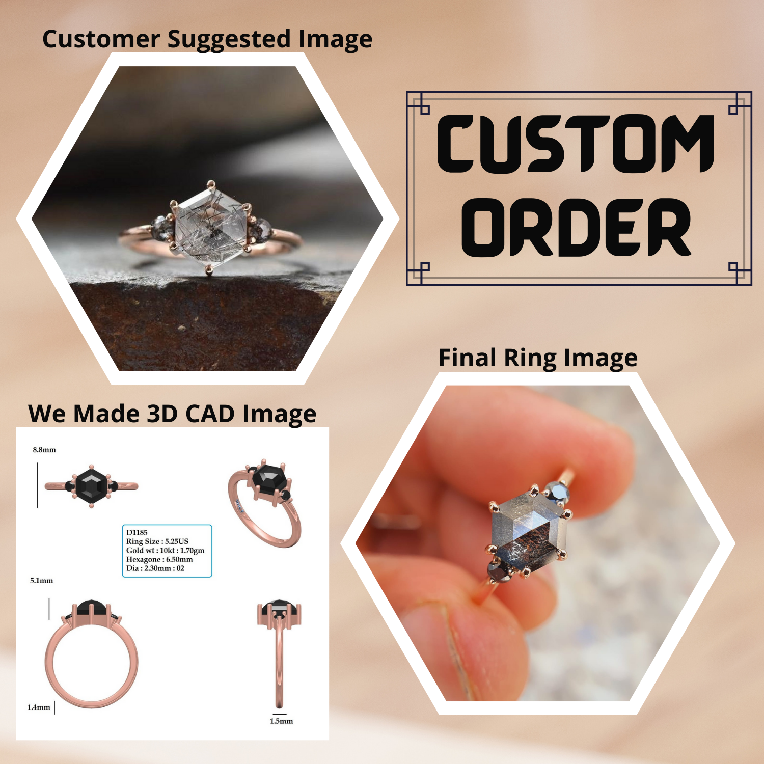 Hexagon Moissanite Salt And Pepper Side Stone Round Cut Engagement Ring  customdiamjewel   