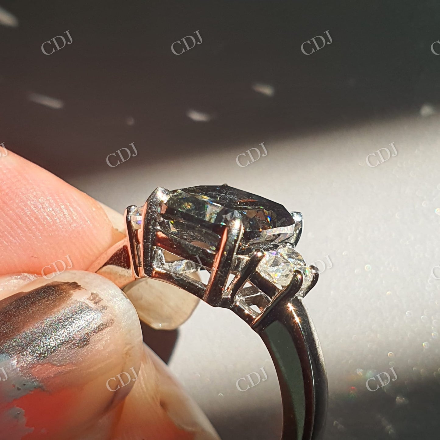 Elongated Cushion Cut Salt and pepper Moissanite side Half moon Colorless Moissanite Ring  customdiamjewel   