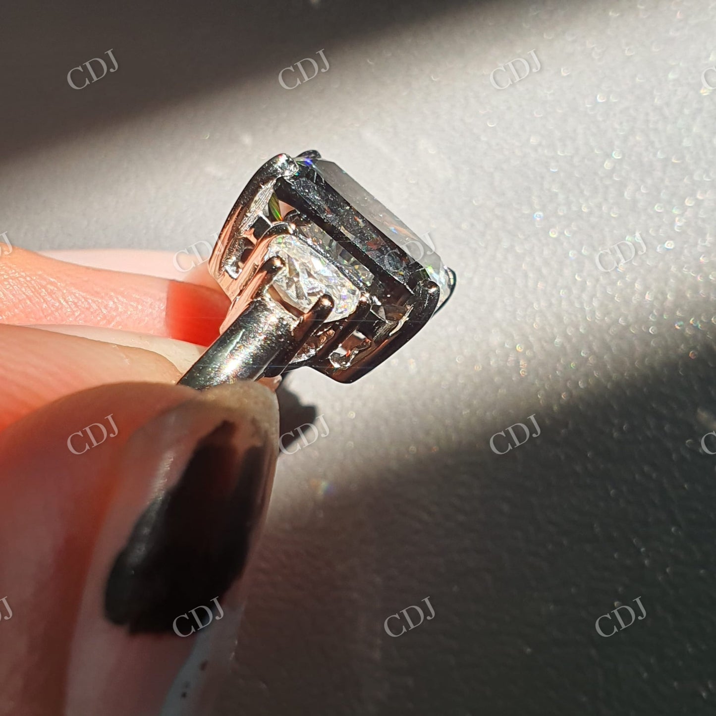 Elongated Cushion Cut Salt and pepper Moissanite side Half moon Colorless Moissanite Ring  customdiamjewel   