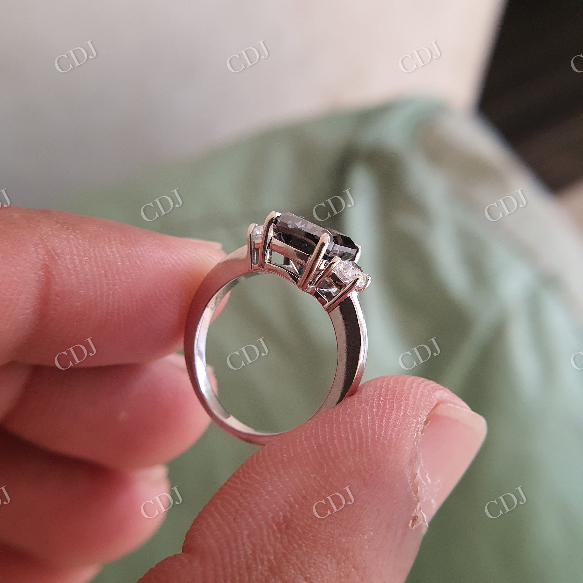 Elongated Cushion Cut Salt and pepper Moissanite side Half moon Colorless Moissanite Ring  customdiamjewel   