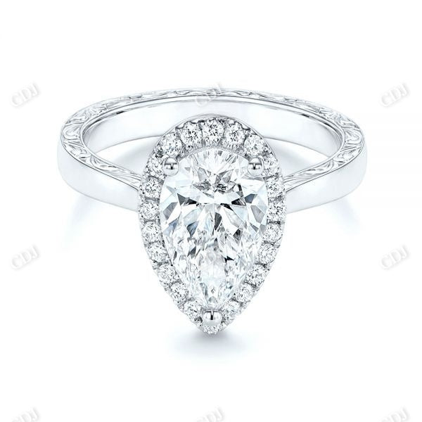 Pear Cut Halo Moissanite Hand Engraved Engagement Ring  customdiamjewel   