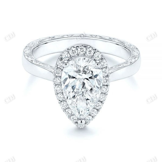 Pear Cut Halo Moissanite Hand Engraved Engagement Ring  customdiamjewel   