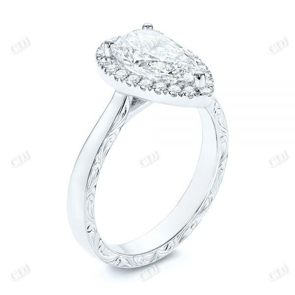 Pear Cut Halo Moissanite Hand Engraved Engagement Ring  customdiamjewel 10KT White Gold VVS-EF