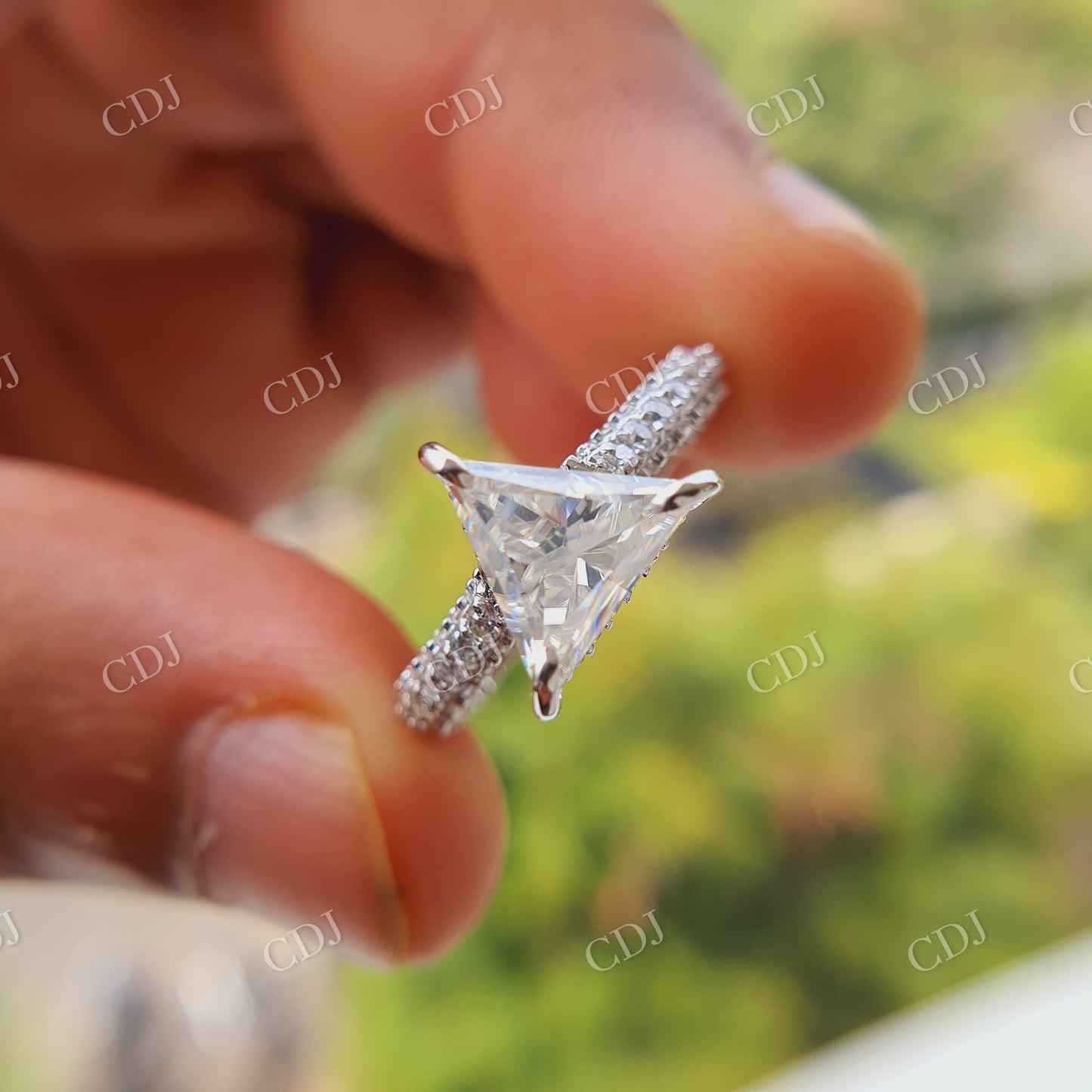 1.5 CT Triangle Cut White Colorless Stone and Side Round Cut White Colorless Stones Wedding Ring 10K White Gold  customdiamjewel   