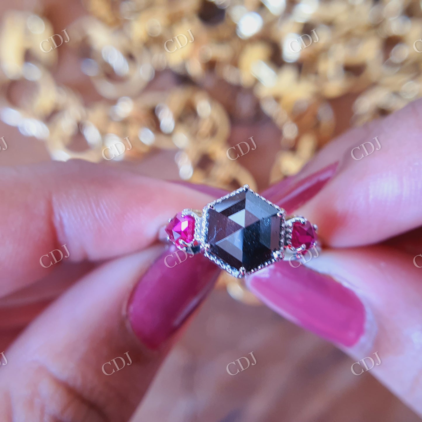 2 CT Hexagon cut salt and pepper moissanite and Side Red Orange Kite shape Lab created stone with prongs settings Miligrain around Stone  customdiamjewel   