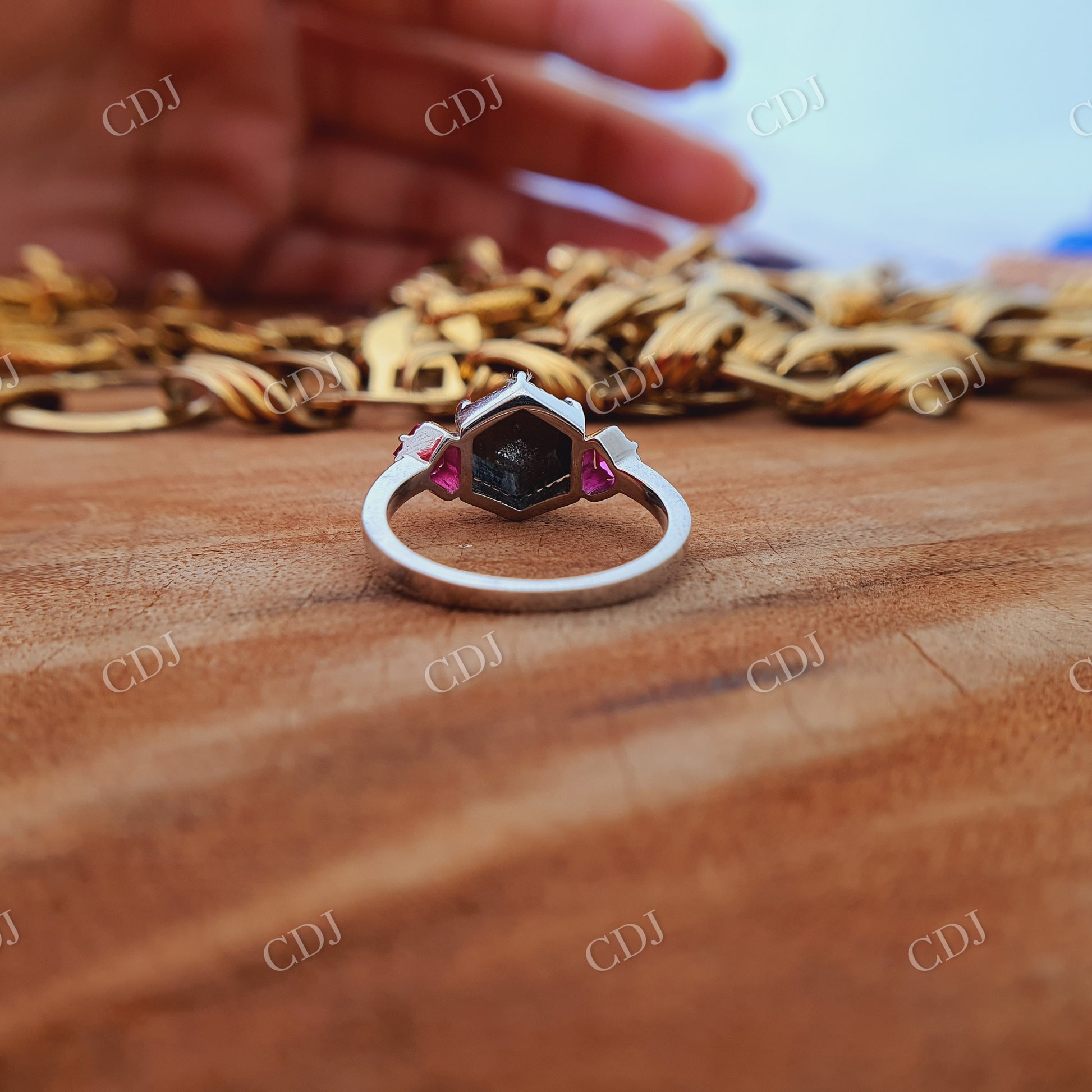 2 CT Hexagon cut salt and pepper moissanite and Side Red Orange Kite shape Lab created stone with prongs settings Miligrain around Stone  customdiamjewel   