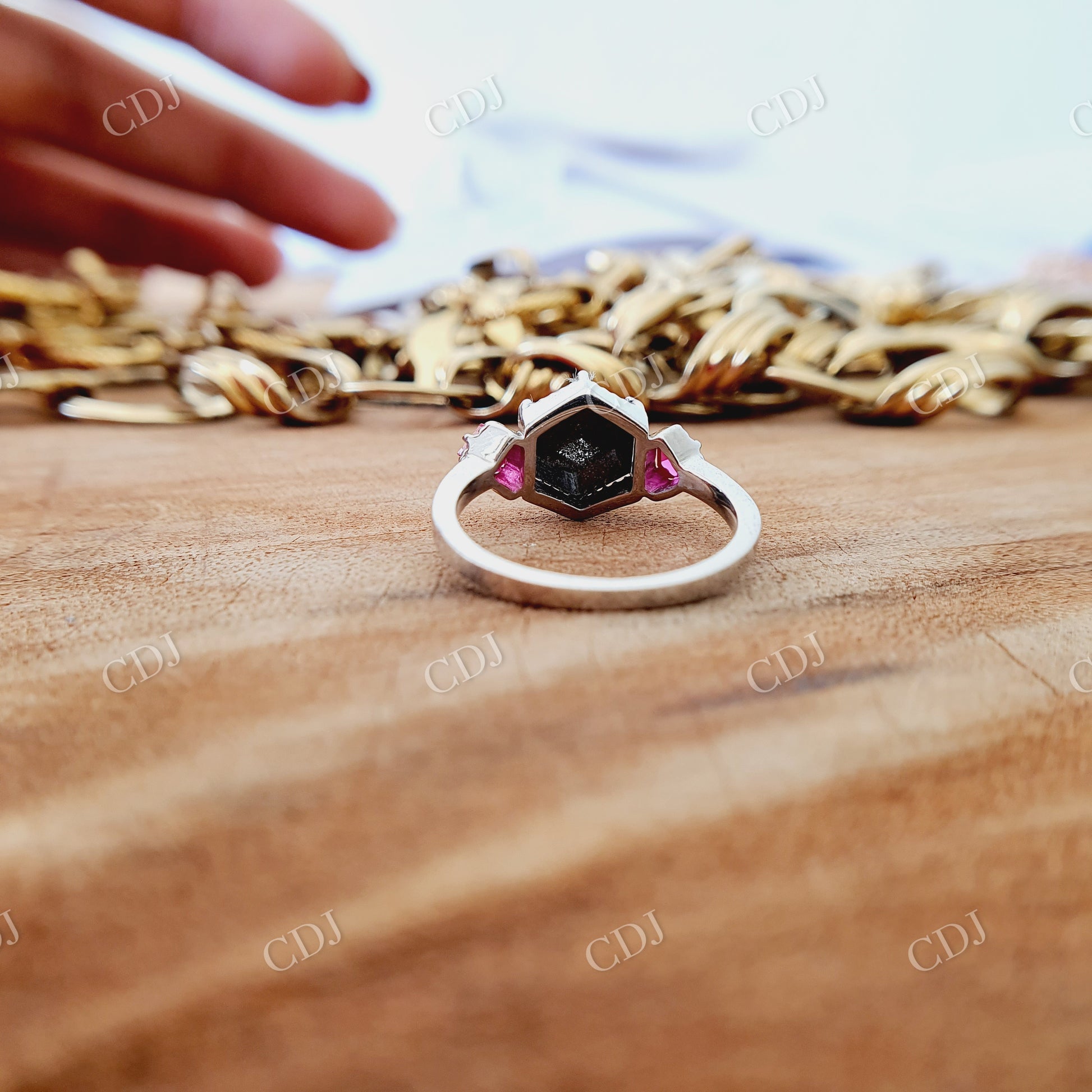 2 CT Hexagon cut salt and pepper moissanite and Side Red Orange Kite shape Lab created stone with prongs settings Miligrain around Stone  customdiamjewel   