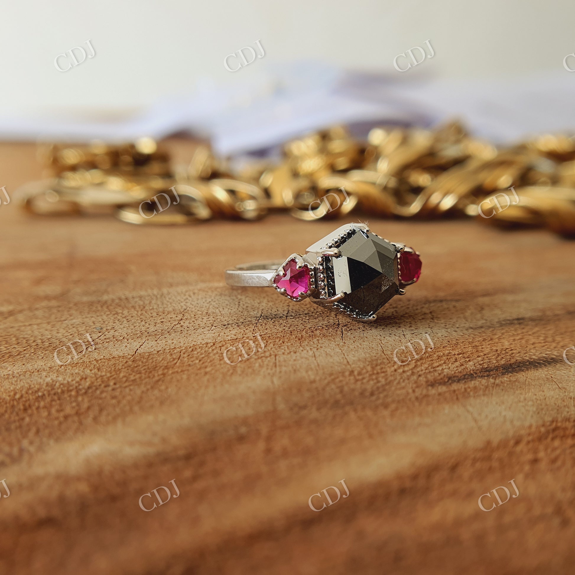 2 CT Hexagon cut salt and pepper moissanite and Side Red Orange Kite shape Lab created stone with prongs settings Miligrain around Stone  customdiamjewel   