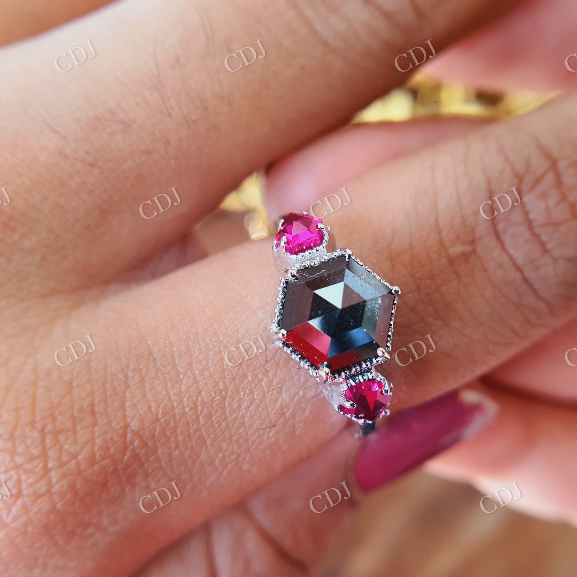 2 CT Hexagon cut salt and pepper moissanite and Side Red Orange Kite shape Lab created stone with prongs settings Miligrain around Stone  customdiamjewel   