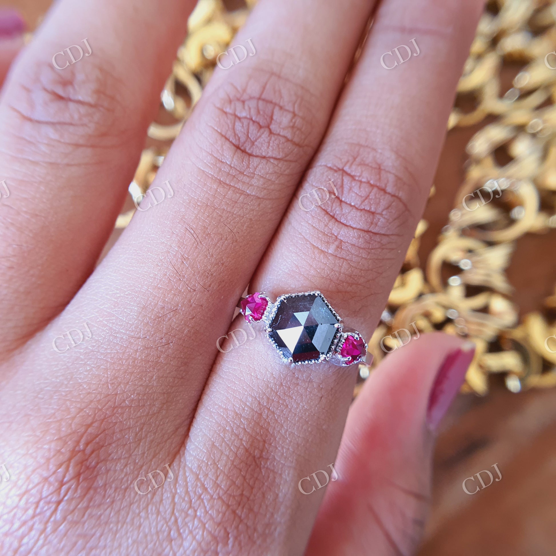 2 CT Hexagon cut salt and pepper moissanite and Side Red Orange Kite shape Lab created stone with prongs settings Miligrain around Stone  customdiamjewel   
