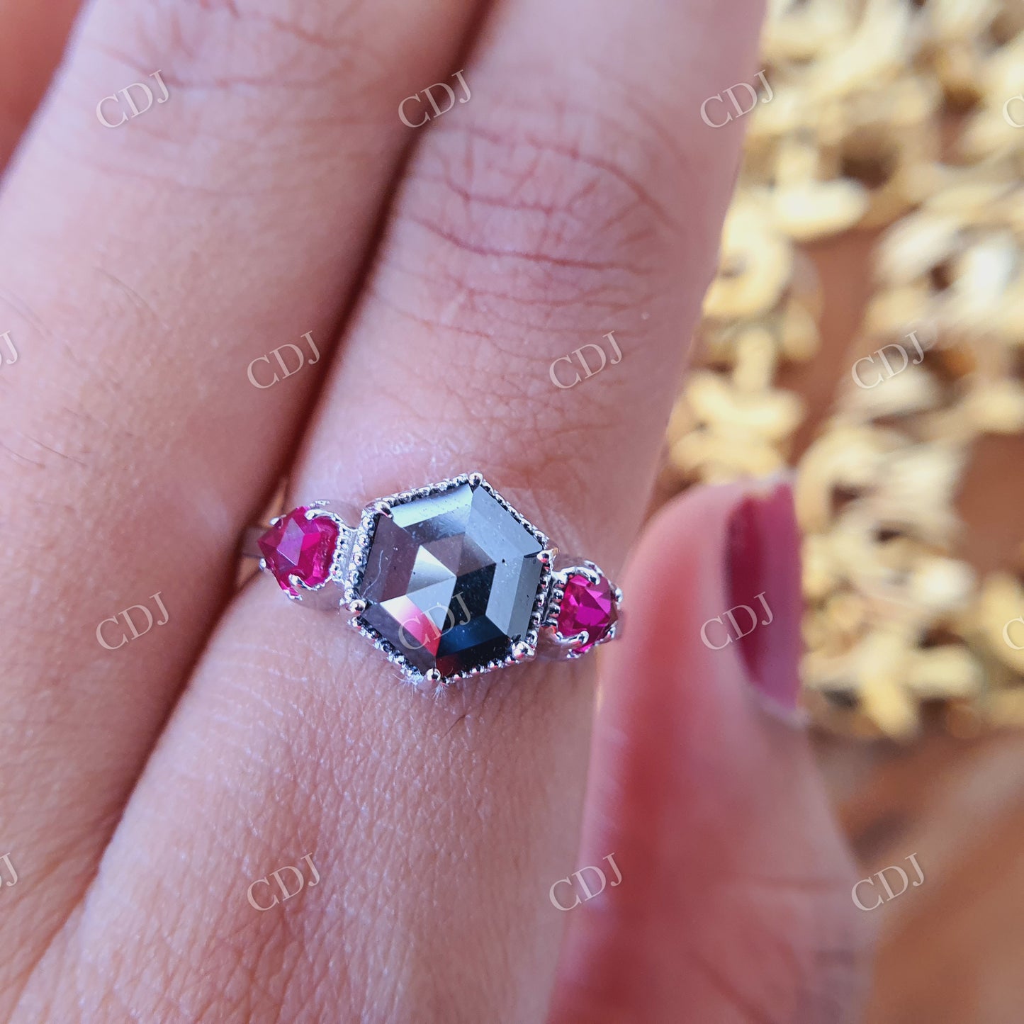 2 CT Hexagon cut salt and pepper moissanite and Side Red Orange Kite shape Lab created stone with prongs settings Miligrain around Stone  customdiamjewel   