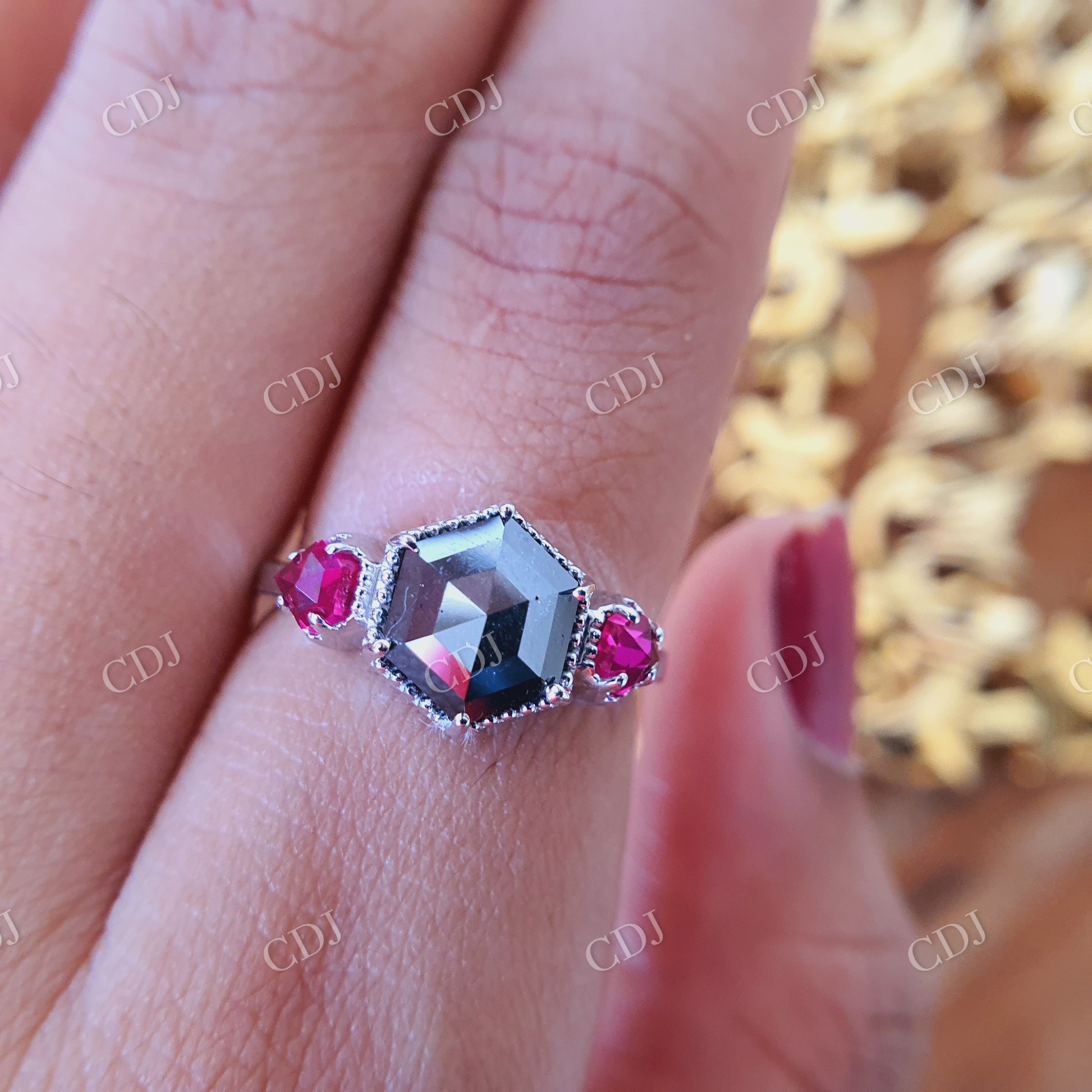 2 CT Hexagon cut salt and pepper moissanite and Side Red Orange Kite shape Lab created stone with prongs settings Miligrain around Stone  customdiamjewel   