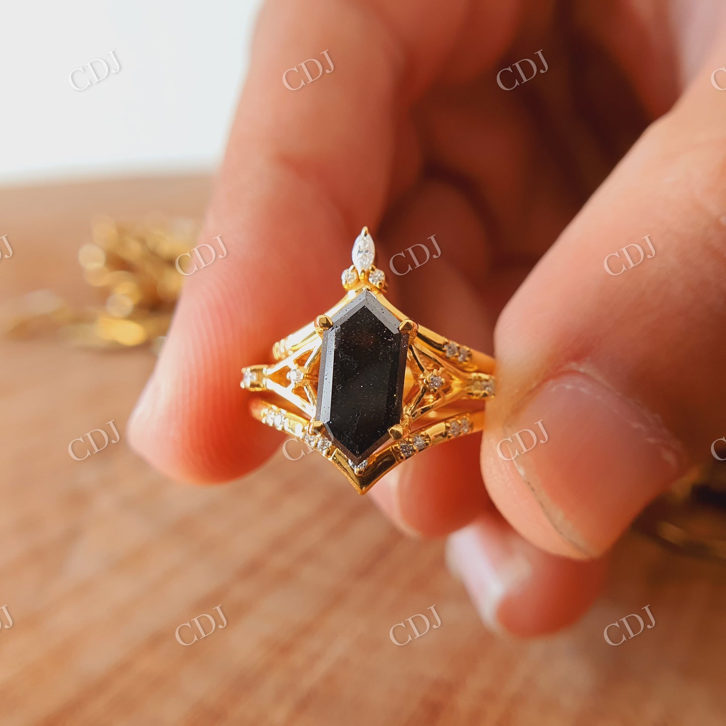 Classic Hexagon Engagement Ring Set Solid Gold Salt and Pepper Diamond Rings Wedding Ring Set  customdiamjewel   