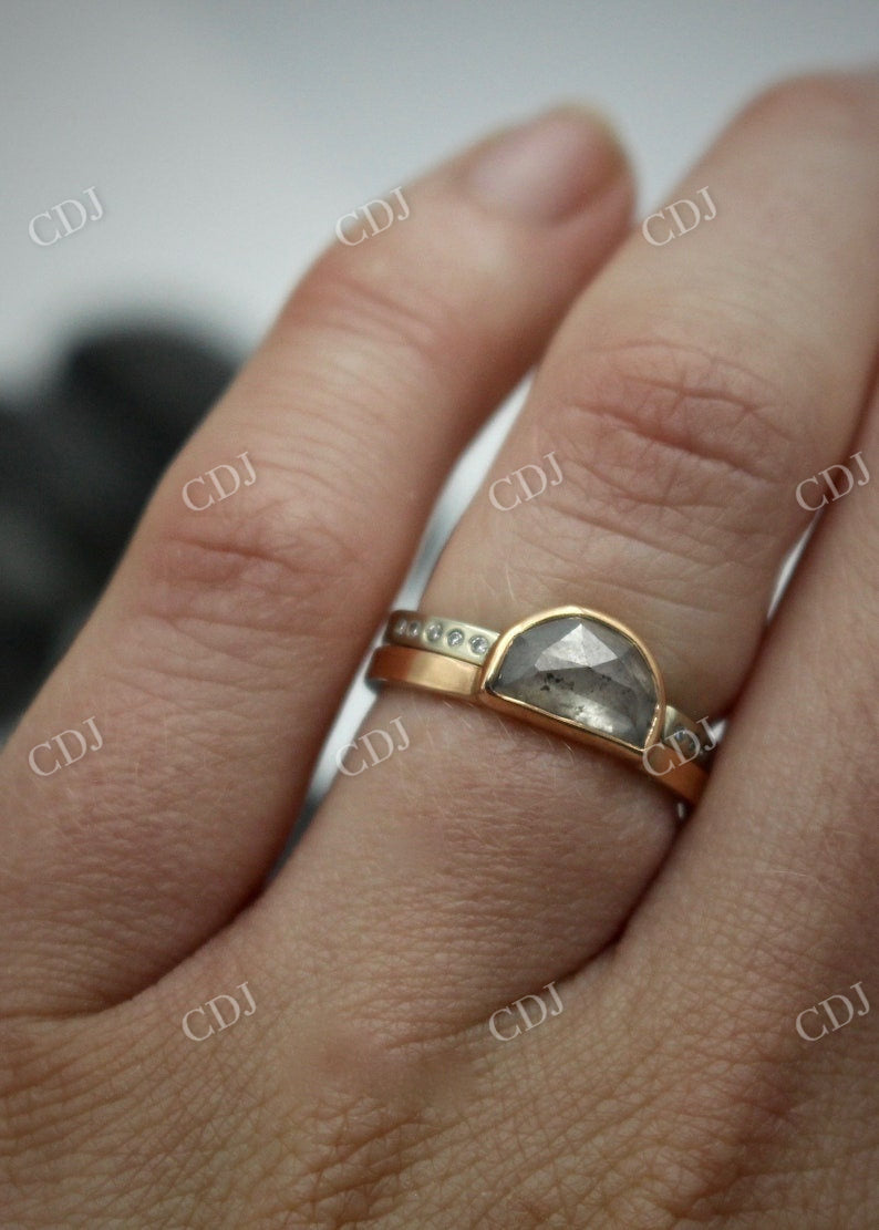0.80CT Half Moon Cut Salt and Pepper Moissanite Round Cut Colorless Moissanite on band  customdiamjewel   