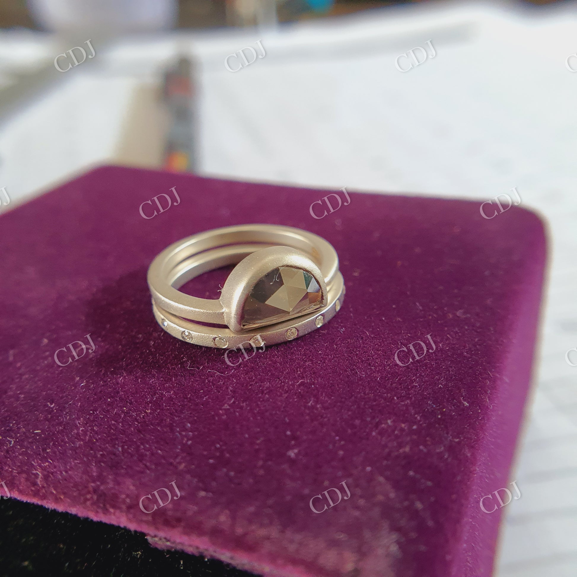 0.80CT Half Moon Cut Salt and Pepper Moissanite Round Cut Colorless Moissanite on band  customdiamjewel   