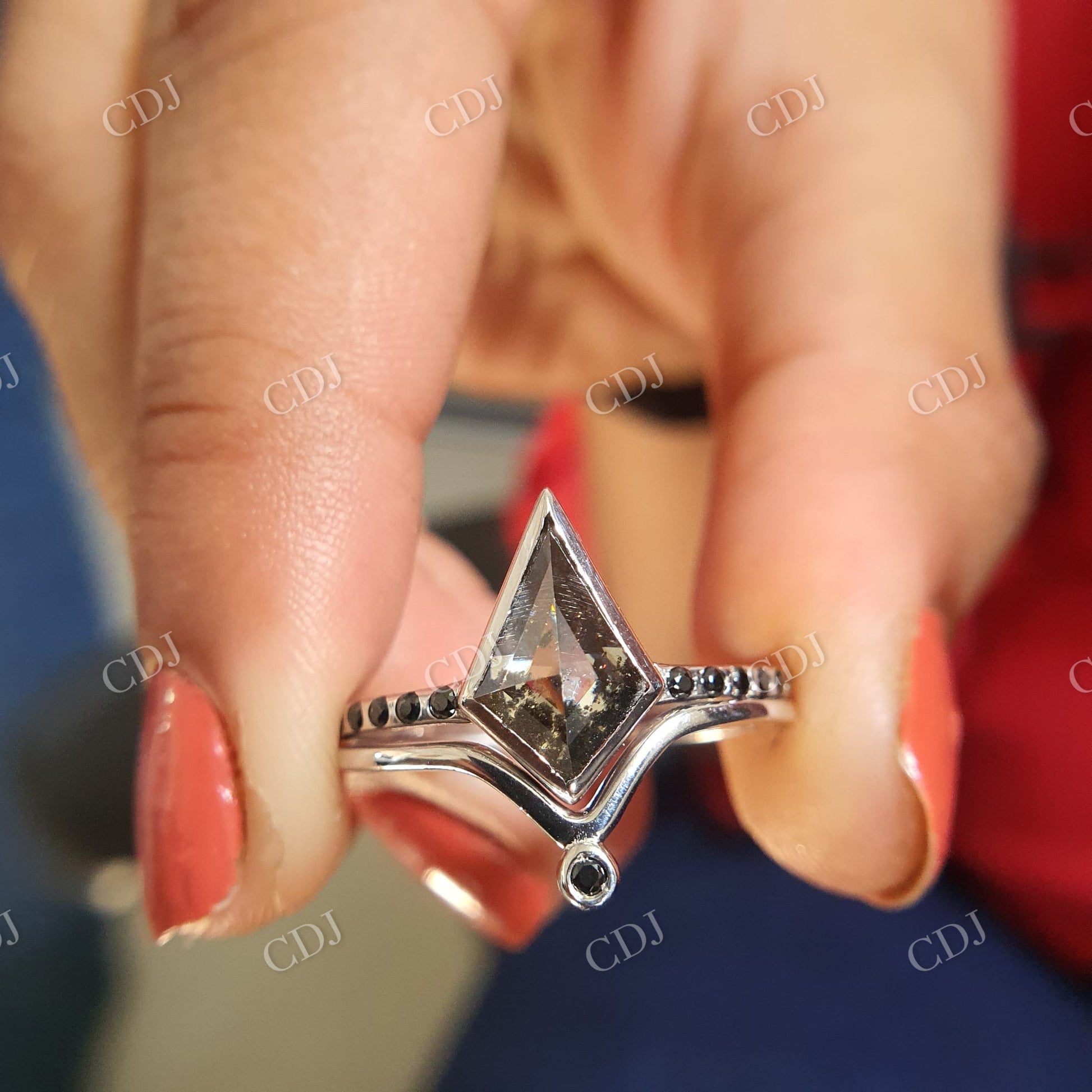 1.80CT Kite Cut Salt and pepper stone and side Black Round Cut stone on band  customdiamjewel   