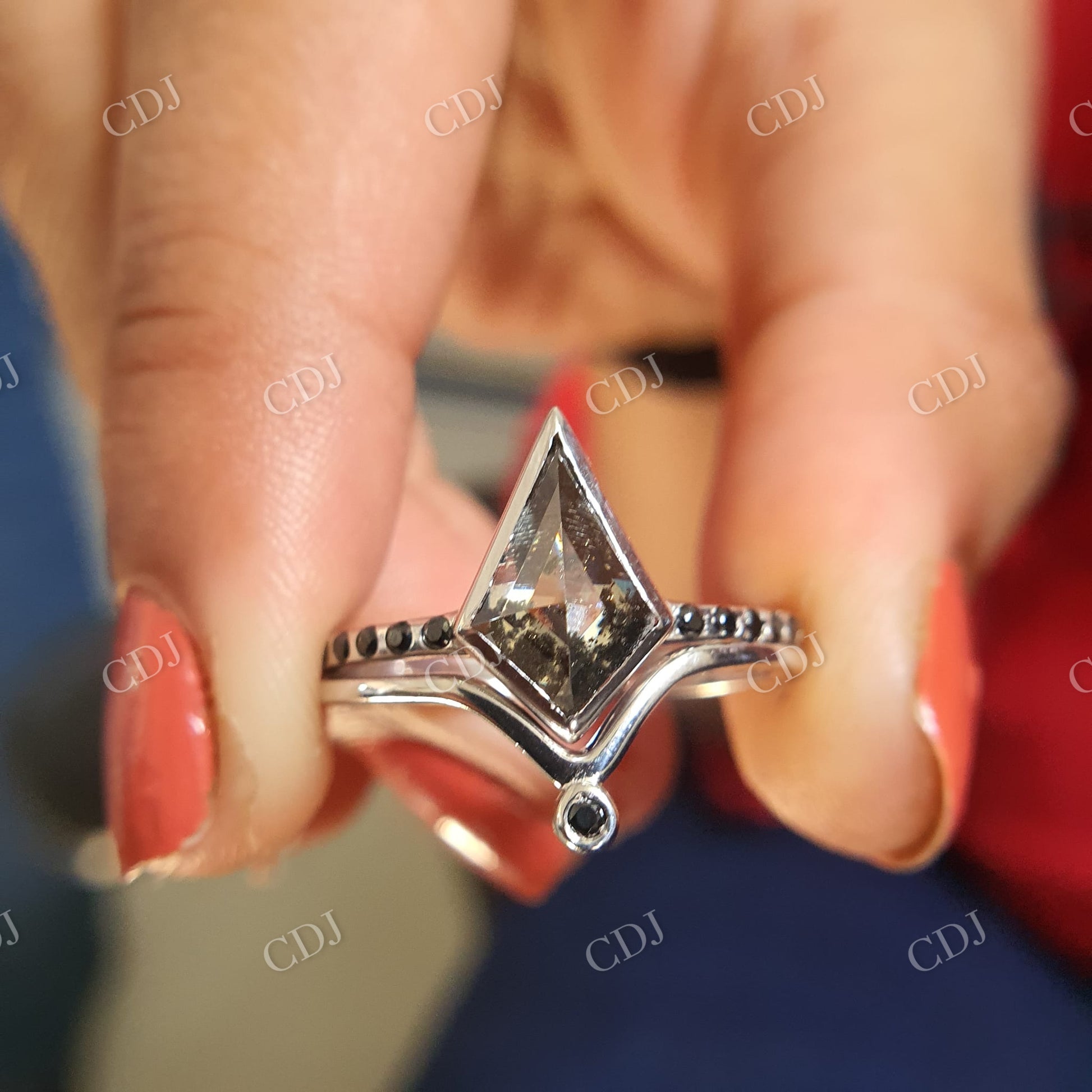 1.80CT Kite Cut Salt and pepper stone and side Black Round Cut stone on band  customdiamjewel   