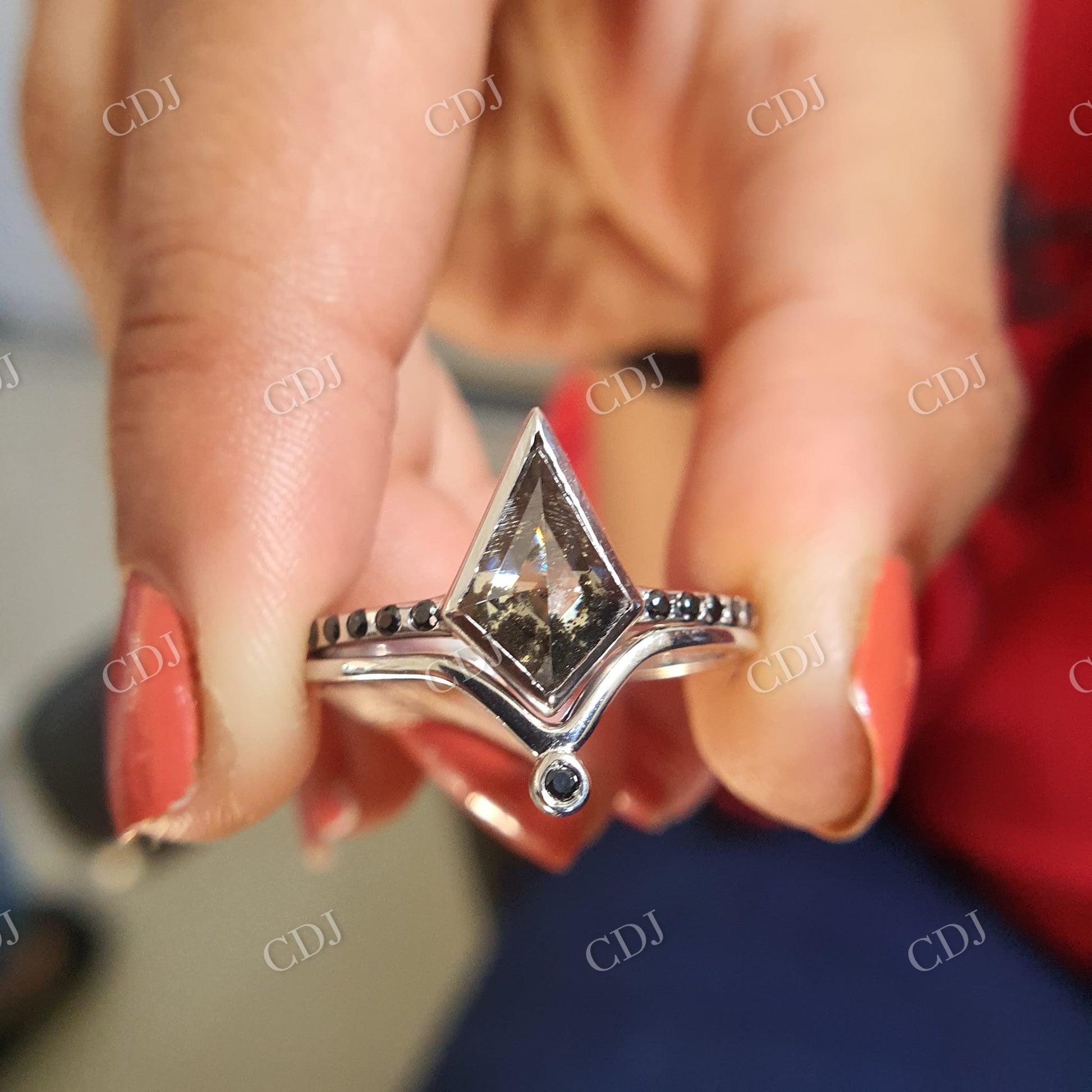 1.80CT Kite Cut Salt and pepper stone and side Black Round Cut stone on band  customdiamjewel   