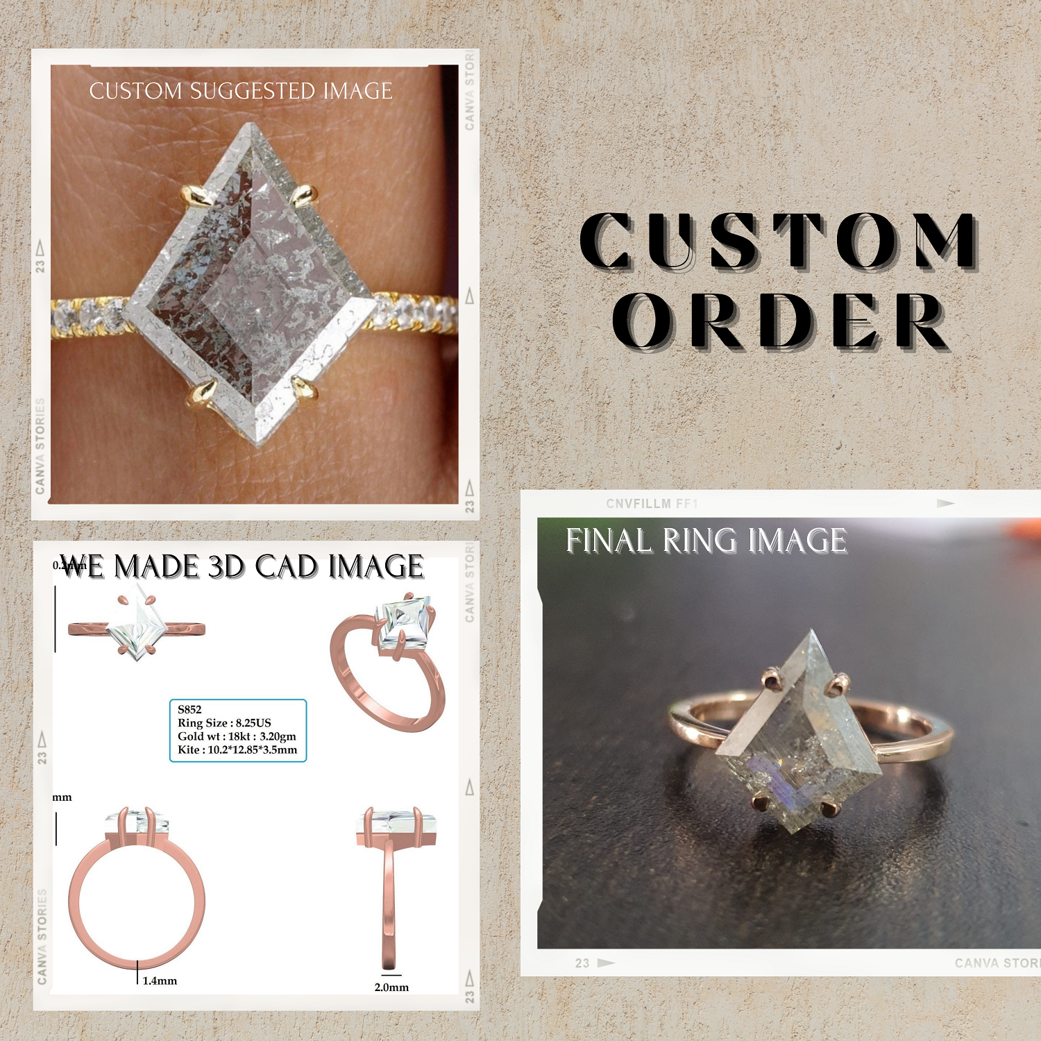2.13CTW Classic Kite Cut Salt And Pepper Moissanite Engagement Ring  customdiamjewel   
