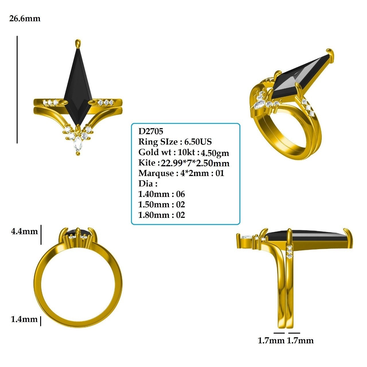 Darker Kite Cut salt and pepper Moissanite Bridal Ring Set  customdiamjewel   