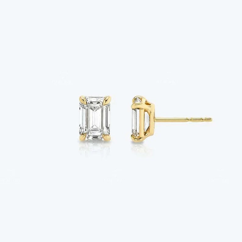 Emerald Cut Moissanite 14K Gold Classy Stud Earrings  customdiamjewel Sterling Silver Yellow Gold VVS-EF