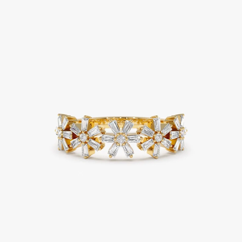14K Gold Baguette Diamond Multi Flower Design Wedding Ring  customdiamjewel 10 KT Solid Gold Yellow Gold VVS-EF