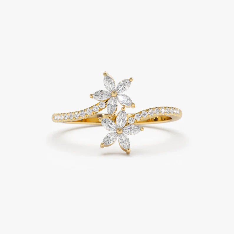 Flower Design Marquise Cut Bypass Wedding Band customdiamjewel 10 KT Solid Gold Yellow Gold VVS-EF