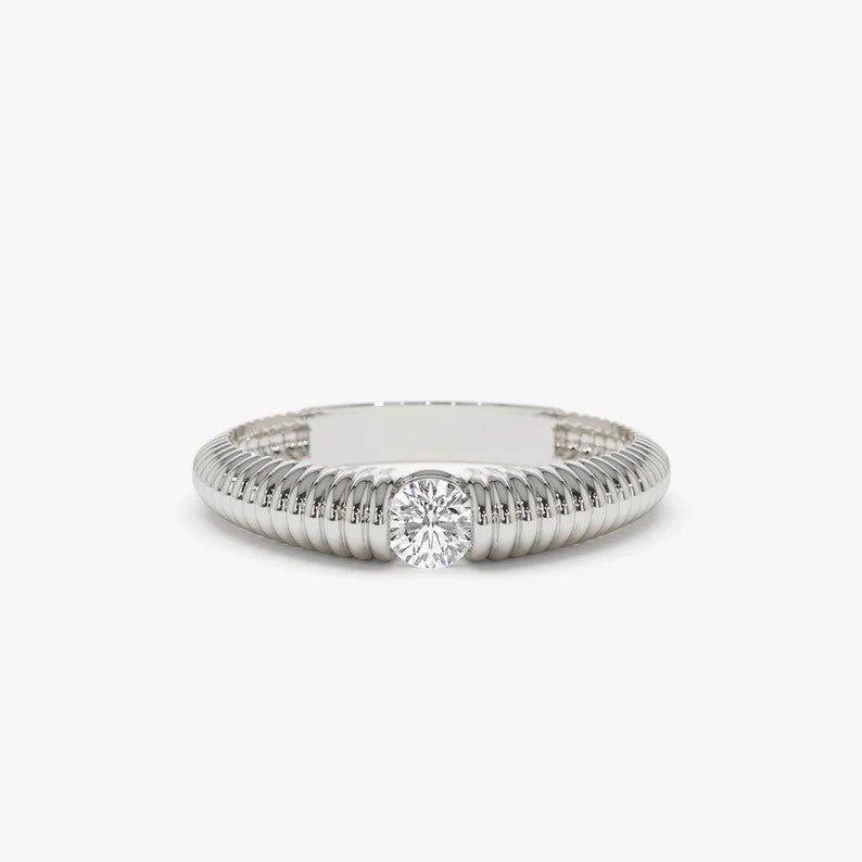 14k Ribbed Gold Solitaire Diamond Wedding Ring  customdiamjewel 10 KT Solid Gold White Gold VVS-EF