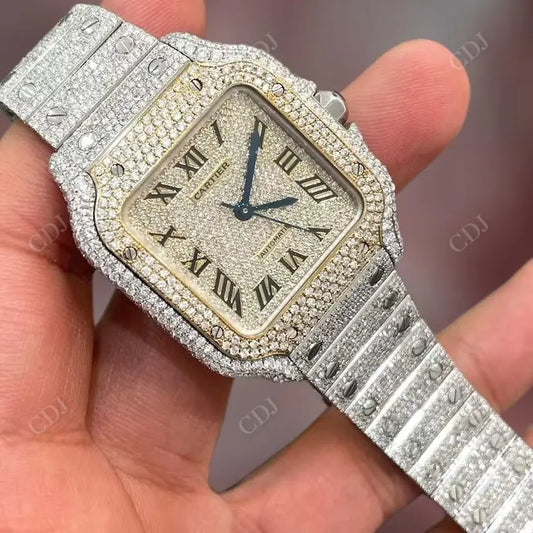Handmade Natural Diamond Cartier Santos Watch customdiamjewel
