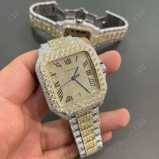 Yellow White Cartier Santos Modified Belt Moissanite Watch customdiamjewel