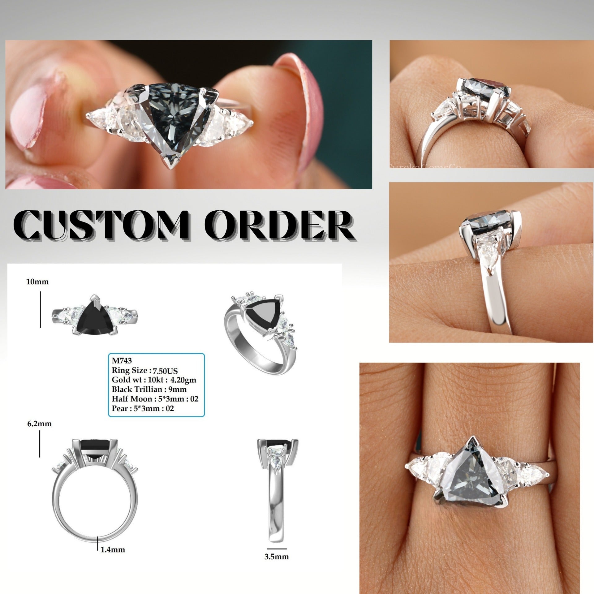Grey Salt and Pepper Diamond Ring, Classic Trillion Cut Moissanite Engagement Ring  customdiamjewel   