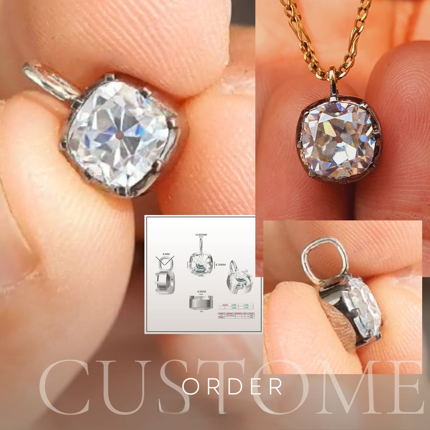 2.0CT Old Mine Cushion Cut Moissanite Pendant Sterling silver pendant  customdiamjewel   