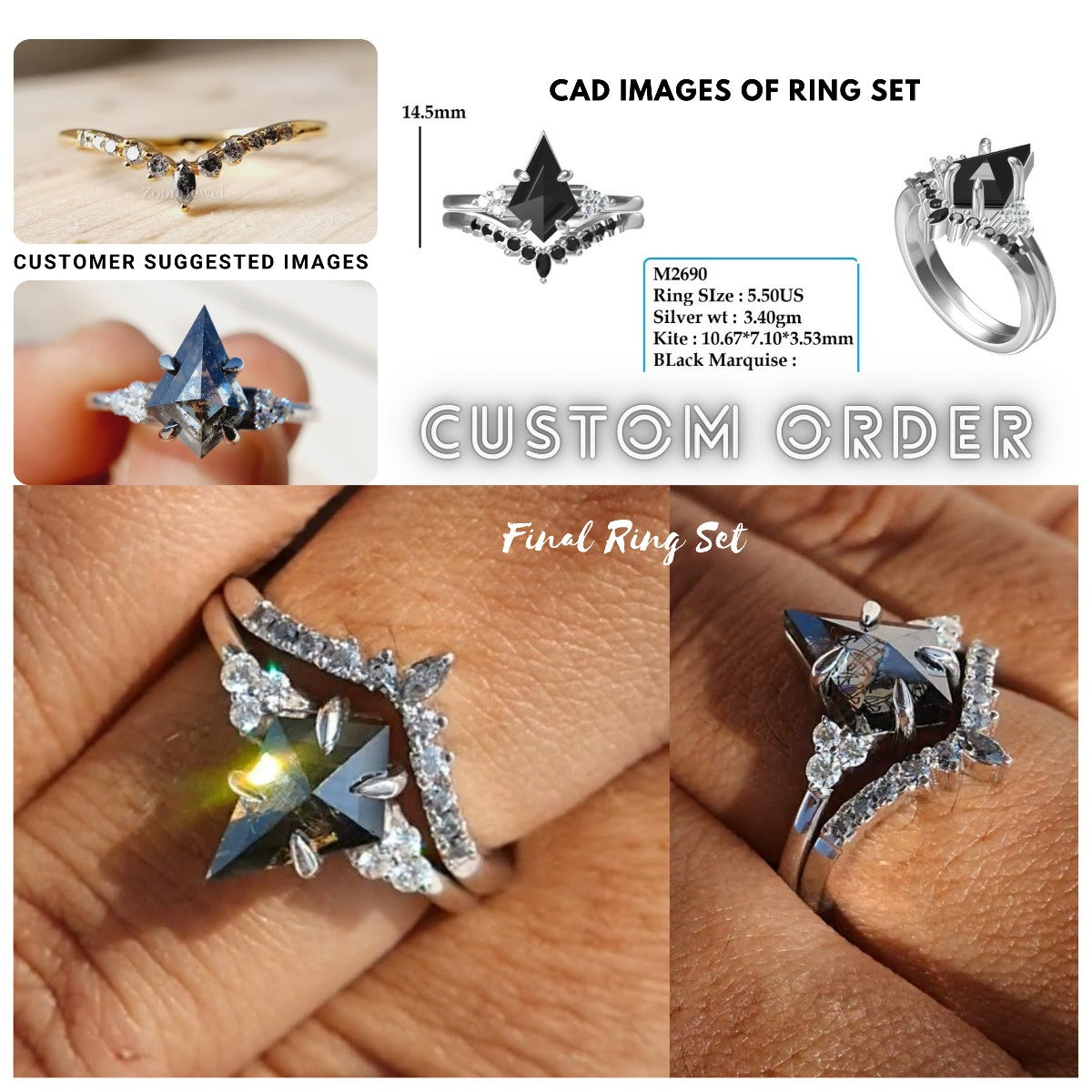 Kite cut Salt and pepper Moissanite and Salt and Pepper Wedding Band customdiamjewel