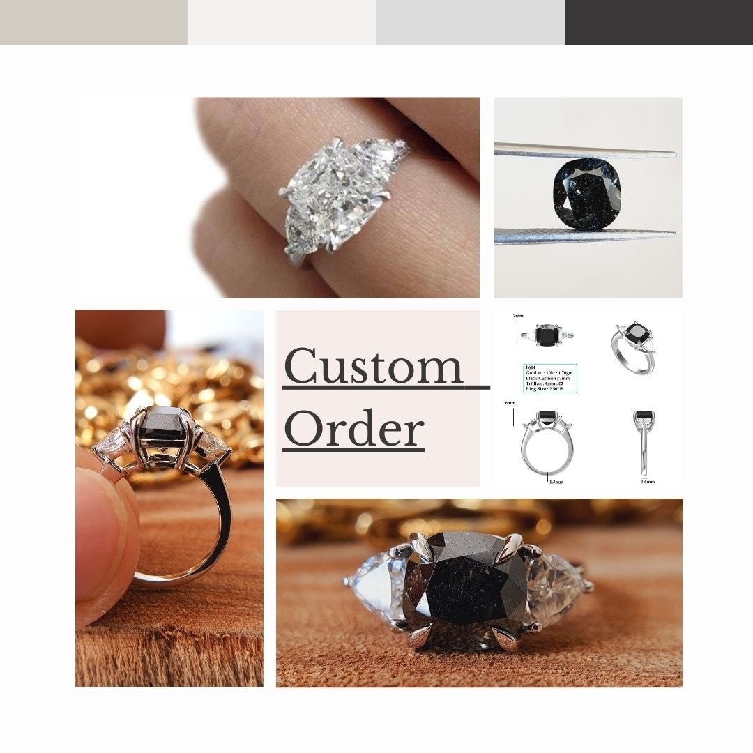 10K Solid White Gold, 2 CT cushion Cut salt and pepper and Side Stone White colorless  customdiamjewel   